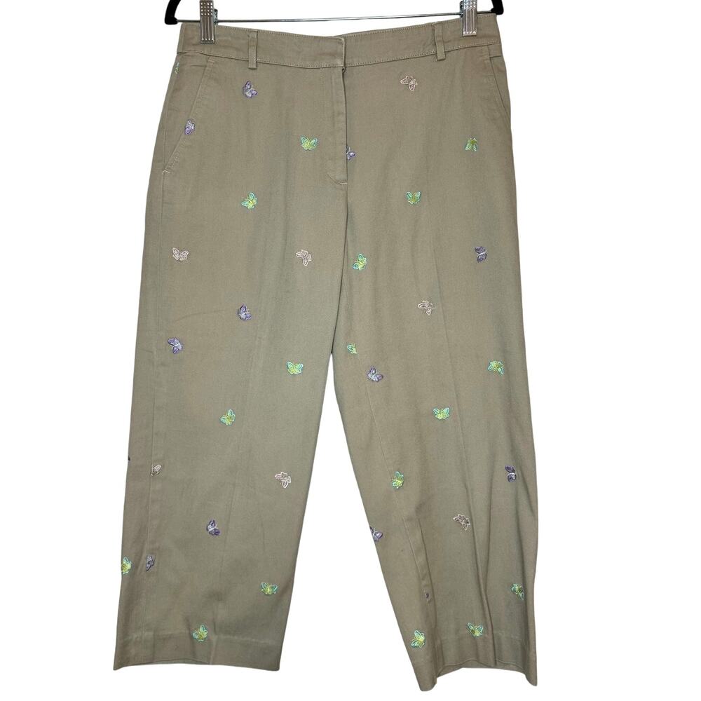 Briggs New York Women's Size 8 Embroidered‎ Pants Khaki Capri Butterflies Cotton